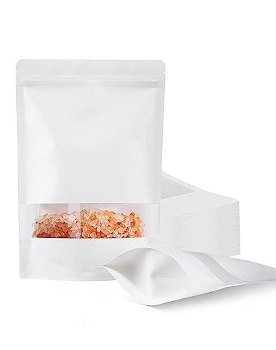 FireKylin 100 Pcs White Paper Bags with Window, 6.7" x 9.4" Stand Up Pouches, Zipper Food Storage Bags for Packaging Products, Reusable, Sealable