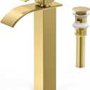 RUACQ Vessel Sink Faucet,Tall Waterfall Bathroom Faucets for 1 or 3 Hole,Single Handle with 304 Stainless Steel Lavatory Vanity Faucet with Deck,Pop-up Drain and Supply Hoses (Gold)