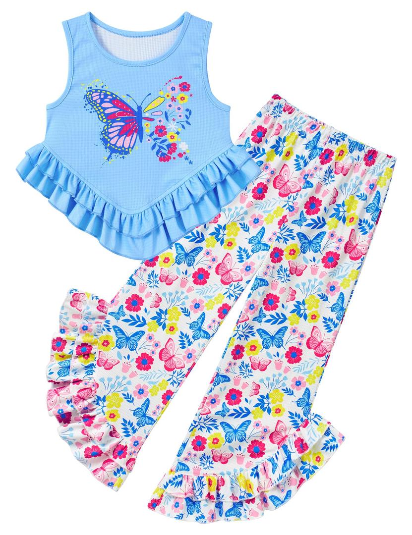 Kids4ever Girls Clothes Girl 2Pc Ruffle Outfits Light Blue Butterfly Tank Tops and Floral Flare Leg Pants for 10T Girls 2Pcs Summer Clothing Set for Kids Party