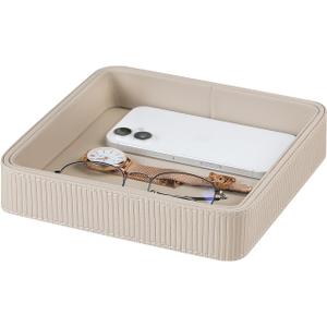 PU Leather Valet Tray Organizer, Small Nightstand Organizer Bedside Desktop Storage for Womens and Men, Perfume Trinket Catchall Vanity Tray for Key Watch Wallet (Beige, Square) (8" x 8" x 1.6")