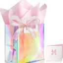 KeerxunBag 1 Pack Holographic Gift Bags with Handles & 2 Tissue Paper Sheets  Iridescent Transparent Reusable Bags for Women, Girls, Birthdays, WeddingsPink Gift Bag