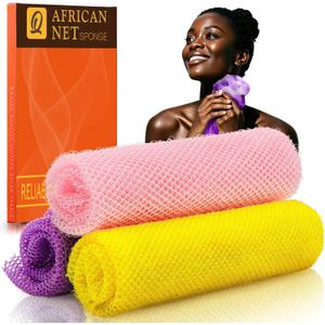 UJFQBH 3 Pieces African Bath Sponge African Net Long Net Bath Sponge Exfoliating Shower Body Scrubber Back Scrubber Skin Smoother,Great for Daily Use (Pink,Yellow,Purple)