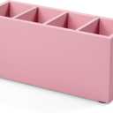 Bivvclaz Pencil Pen Holder for Desk, Wooden Office Desk Organizers and Accessories with 4 Slots for Countertop, Makeup Brush Holder Organizer for Bathroom Vanity, Silverware Caddy for Party, Pink