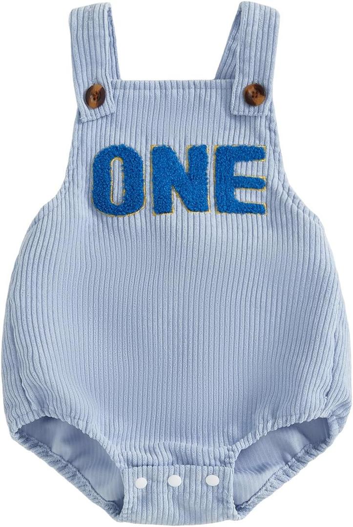 Honganda Baby Boy First Birthday Outfit Sleeveless Corduroy Overalls Letter One Cake Smash Romper for 1st Birthday Party (12-18 Months, Blue)