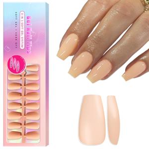SXVME Gel Nail Tips Coffin Medium Short,Nude Press on Nails Medium Pre-Colored Natural Nail Tips,Soft Acrylic Nails with Primer Cover,Fake Nails 15 Sizes for DIY Nail Art