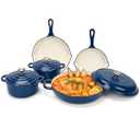 Nonstick Enameled Cast Iron Cookware Set, 8-Pcs Pots and Pans with Lid, Frying Pan Skillet, Sauce Pan, Healthy Round Dutch Oven Pot for Sourdough Bread Baking on All Stovetop, Come with Organizer, Navy