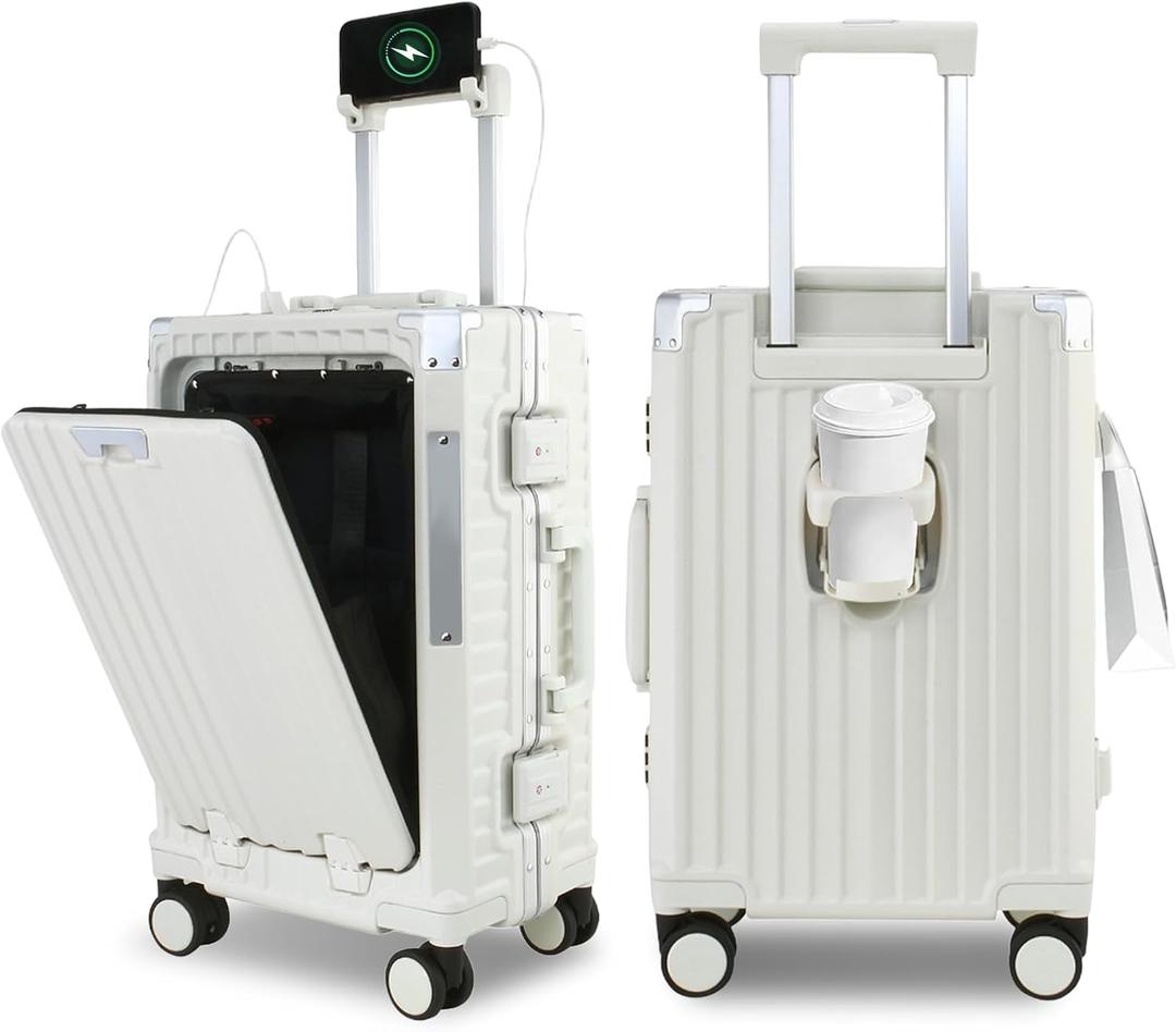 Gets 20 Inch Aluminum Frame Carry On Luggage with Front Pocket,Airline Approved Zipperless Hard Shell Suitcase,360 Spinner Wheels, TSA Locks, USB Charging Port, Cup & Phone Holder-White