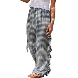 Sunloudy Women Y2K Wide Leg Gingham Pants (Blue, S) (S)
