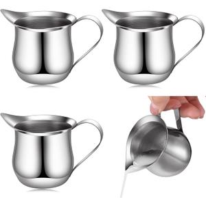 Honeydak 4 Pcs 3 oz Mini Milk Creamer Frothing Pitcher Dispenser Container with Handle, Small Stainless Steel Bell Creamer for Coffee Milk Salad Sauces, Microwave Freezer Restaurant Bakery Kitchen