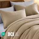 palassio Striped Dark Beige 100% Cotton Quilt Queen Size Bedding Sets, Lightweight Crinkly Channel Pick Stitch Textured Bedspread Soft Shabby Chic Farmhouse Country Coverlet for All Season, 2 Shams