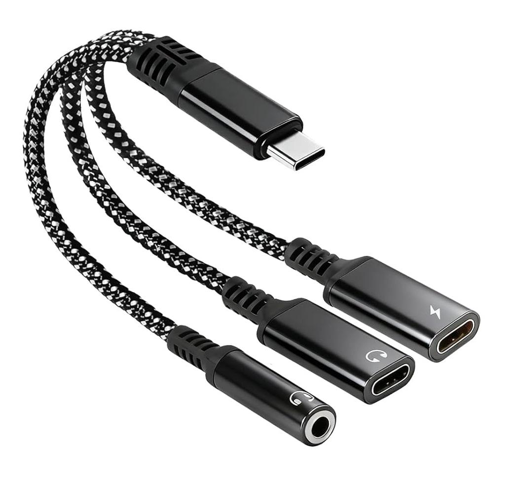 3 in 1 Dual Type C Aux Splitter Charger, USB C to 3.5mm Headphone and Charger Adapter, Fits for iPhone 15/16 Pro/Max/Plus, Samsung Galaxy S22/S23/S24 Ultra，Huawei Mate 40/30/20