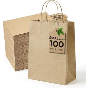 Small Paper Gift Bags with Handles Brown Paper Bags 100 pcs 5.9"x3.1"x8.2",Sturdy Small Gift Bag Bulk Kraft Wrap Shopping Bags for Small Business Retail Merchandise Wedding Birthday Goodie Party Favor