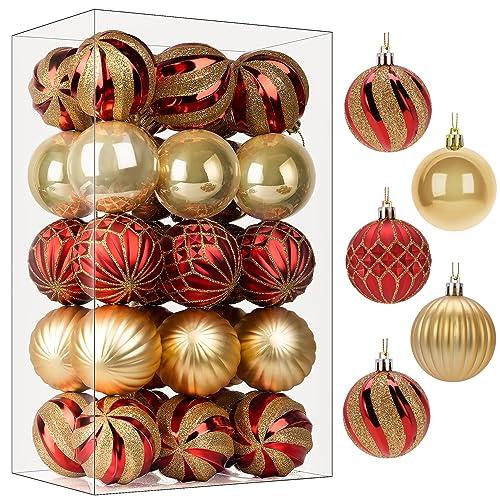 SHareconn 28ct 2.36 Inch Christmas Tree Balls Ornaments, Colored Shatterproof Plastic Decorative Baubles Decorations for Xmas Tree Decor Holiday Party Wedding Decoration (Red & Gold, 60mm)