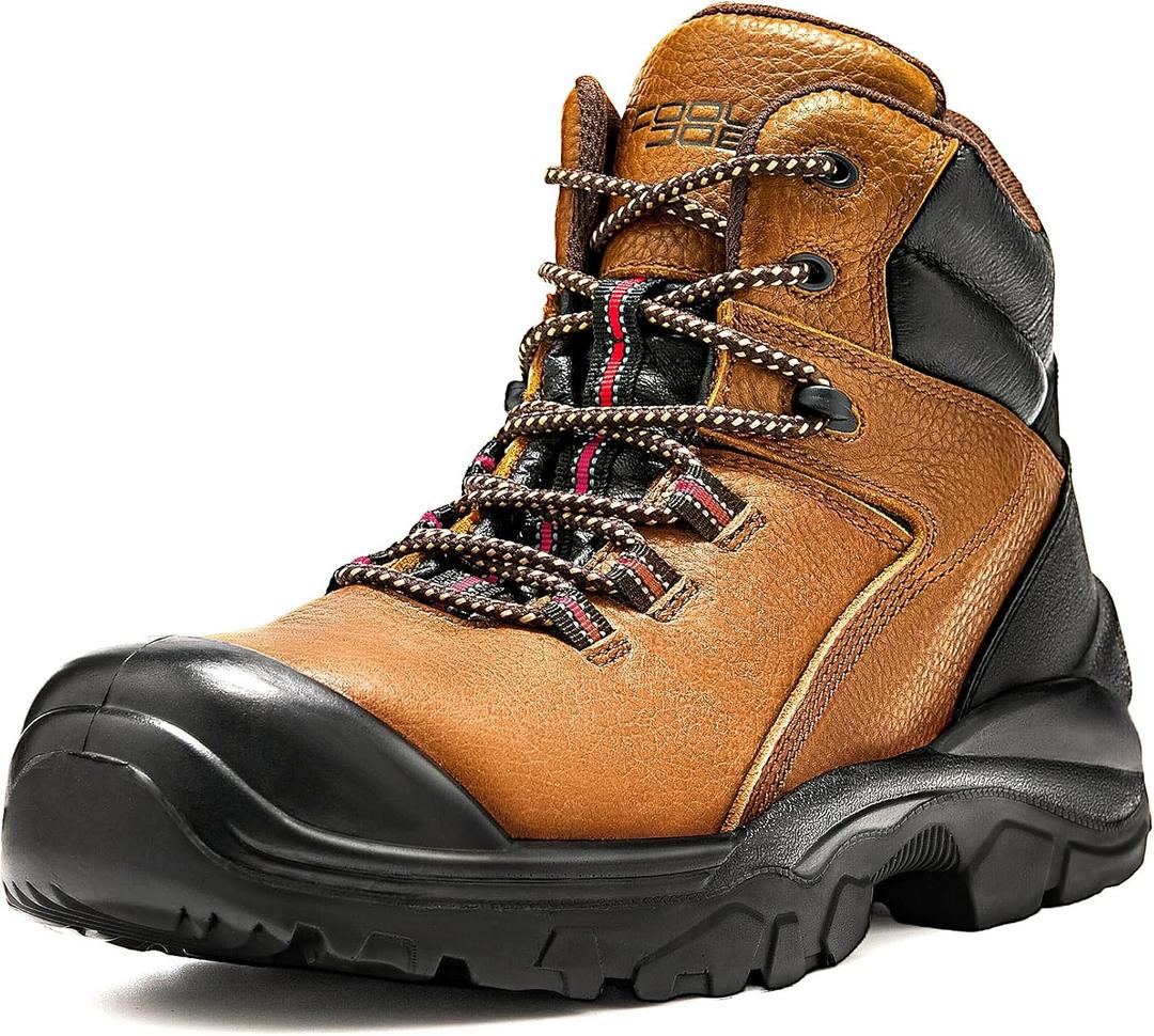 COOLJOB Steel Toe Work Boots for Men, Anti-spark Full Grain Leather Safety Shoes for Industrial Construction Workers, Soft Padded Lining, Non-slip PU Outsole, Impact Resistant Rubber Cap, Brown (13)