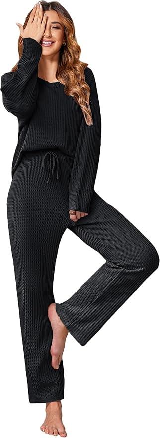 Women's Waffle Pajama Sets Comfy Long Sleeve Lounge Sets 2 Piece Matching Pj Sets with Pockets, Large