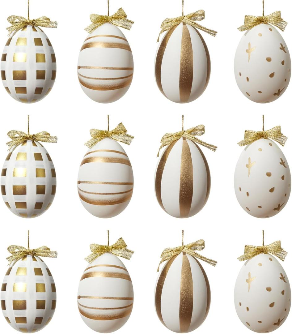 DN DECONATION 12Pcs Vintage Easter Eggs Ornaments Set, White Plastic Hanging Decor with 4 Gold Patterns & Bow for Tree, Spring Home Decor, Table Centerpiece, Easter Basket Filler, Luxury Gift Set