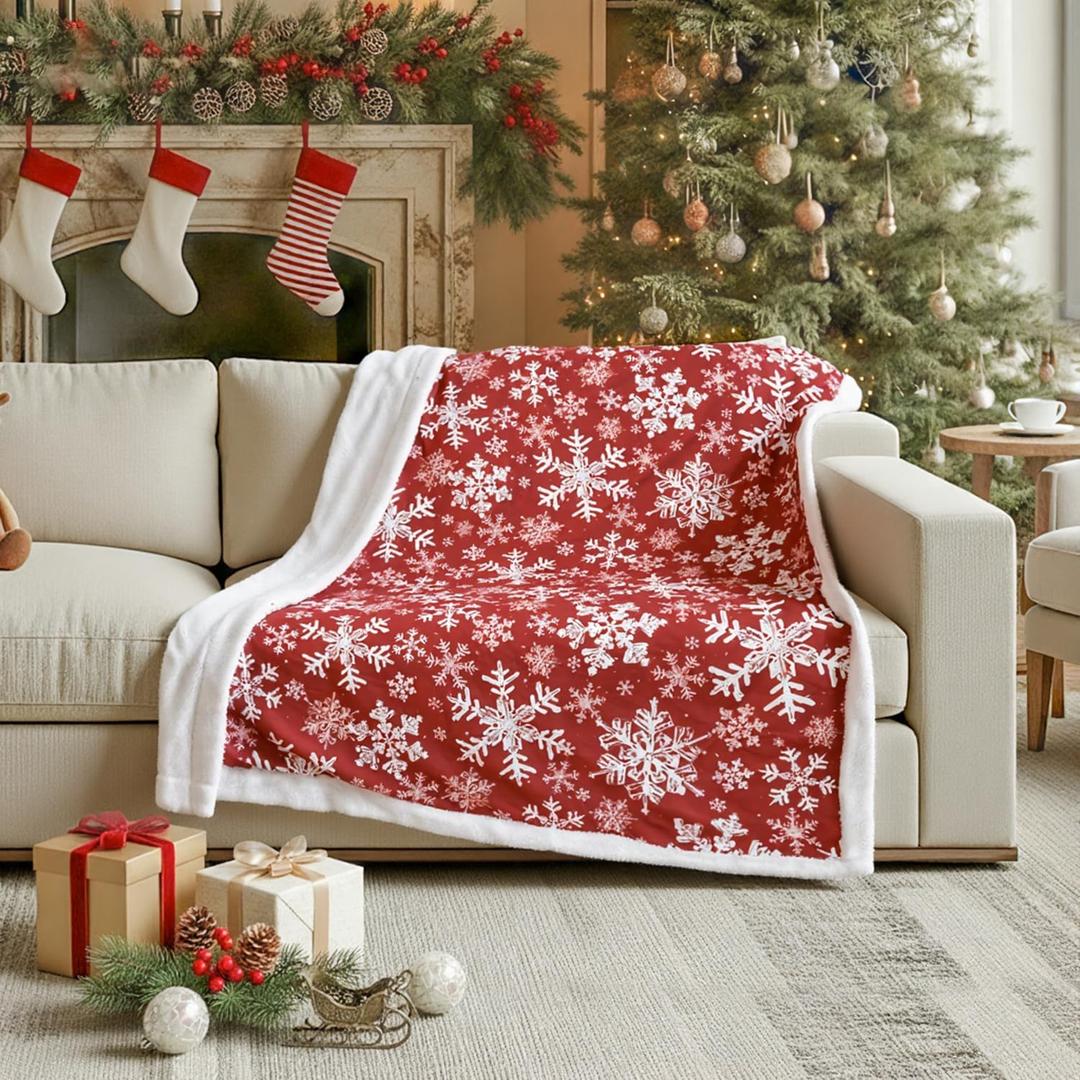 Horaldaily Christmas Sherpa Flannel Blanket Throw, Red Snowflake Soft Fuzzy Plush Cozy Fleece Blankets for Couch Sofa Bed Lounging, Ideal Gifts for Kids Adults Wife Self, 50x60