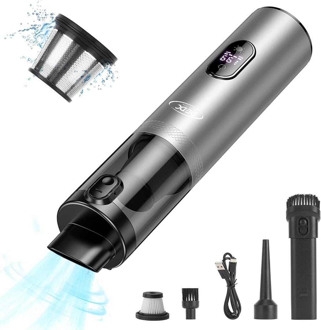 DEDC Car Vacuum Cleaner High Power, 15000Pa Cordless Vacuum Portable Rechargeable with LED Screen, Ultra-Lightweight Dust Buster with USB-C Charging, 2 Speeds, 4 in 1 Air Blower for Car, Home, Pet (Silvery)
