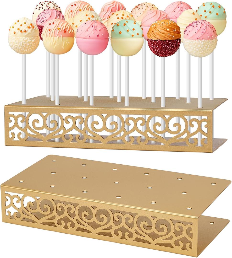 2PC Cake Pop Holder 17 Holes Lollipop Holder Stand Gold Metal Cakepop Stand Display Cake Pop Stand for Dessert Table Weddings Birthday Halloween Candy Decorative