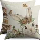 Spring Easter Pillow Covers 18X18 Set of 2, Bunny Rabbit Brown Floral Butterfly Easter Egg Holiday Decorative Throw Pillowcases Vintage Seasonal Outdoor Farmhouse Cushion Cases Couch Sofa Bed Decor