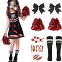 Halloween Cheerleader Costume for Girls, Zombie Cheer Uniform Outfit, Scary Cheerleading Costume for Party Dress Up (9-10Years)
