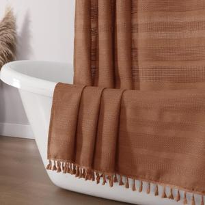 OVZME Terracotta Shower Curtain for Bathroom - Farmhouse Linen Textured Shower Curtain with Tassel, Rustic Striped Heavy Duty Vintage Country Bathroom Curtain, 72Wx72L Inches