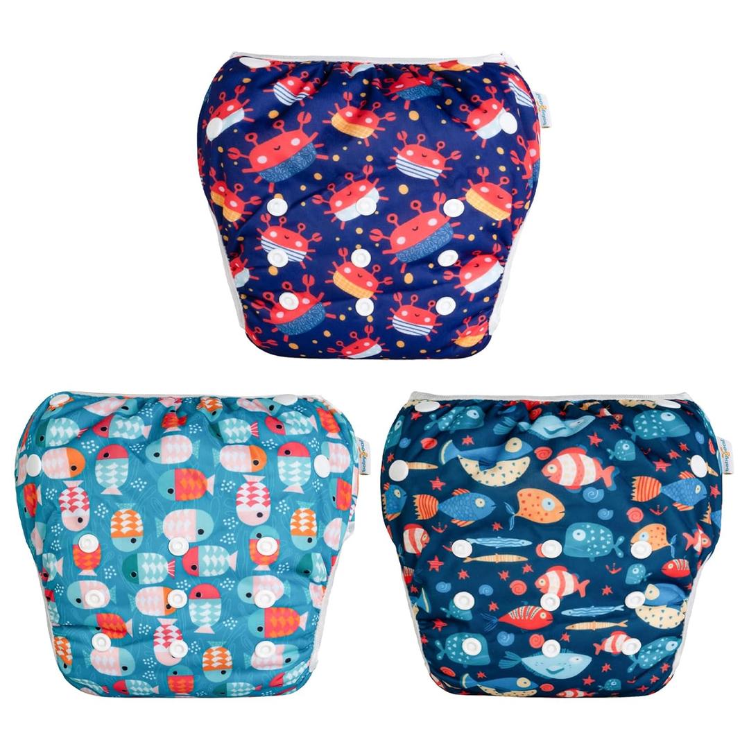 3 x Babygoal Baby Boy Swim Diapers 3 Pack for 8M-3T Babies and Toddlers, Reusable Adjustable Washable for Swimming Lessons-Crab,Fish,Starfish, L
