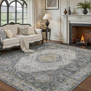 RESARE-Area Rug 8 x 10 Rug for Living Room-Machine Washable Rugs for Bedroom-Soft Vintage Grey Non Slip Carpet- Rug for Dining Room Office Under Bed or Table (8ft x 10ft)