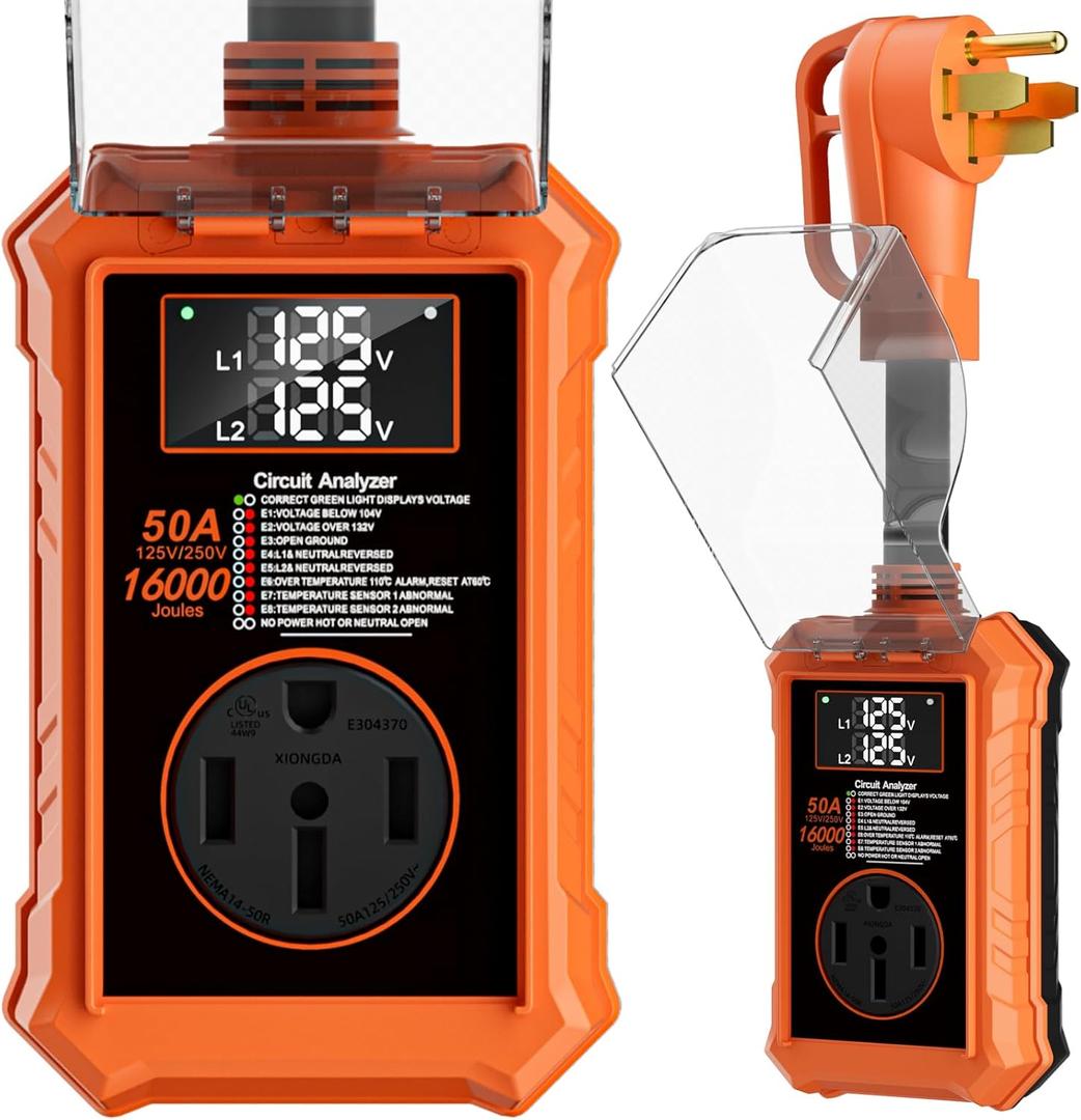 Rv Surge Protectors 50 Amp,16000 Joules Rv Circuit Analyzer with Waterproof Cover Safety Certification Led Display,Rv Voltage Protector for Camper, Travel Trailers (Orange, 50A)