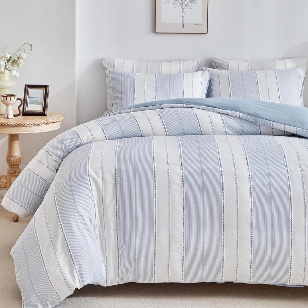 WARMDERN Blue Striped Weave Duvet Cover Queen Size, White Knit Boho Duvet Cover Set, Microfiber Textured Bedding Set with Zipper Closure and Corner Ties (Blue, Queen)