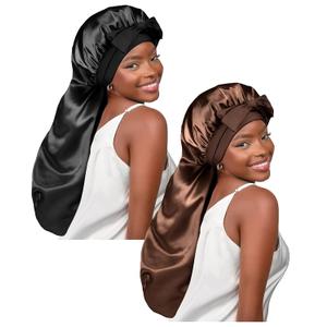 YANIBEST 2Pcs Silk Bonnet for Sleeping Braid Bonnet for Long Hair with Tie Band Bonnet for Braids for Black Women Curly Hair Locs,Black&Brown (Large)