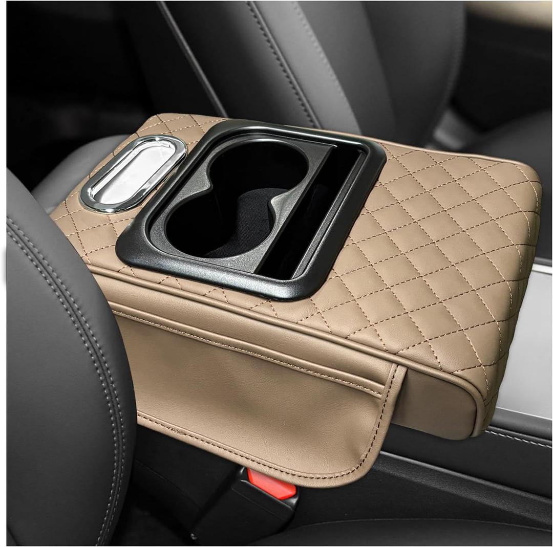 SHMZK Car Center Console Armrest Pillow, Leather Car Armrest Cushion with Cup Holder & Phone Holder, Universal Armrest Storage Box Protector for Most Vehicles, Car Accessories (Beige, Embroidered)
