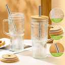 JunVpic Glass Cups with Bamboo Lids and Straws, 24oz Glass Tumbler with Handle, Stainless Steel Straws & Cleaning Brushes Boho Pattern Iced Coffee Cup for Smoothies, Tea, and Gifts, Set of 2