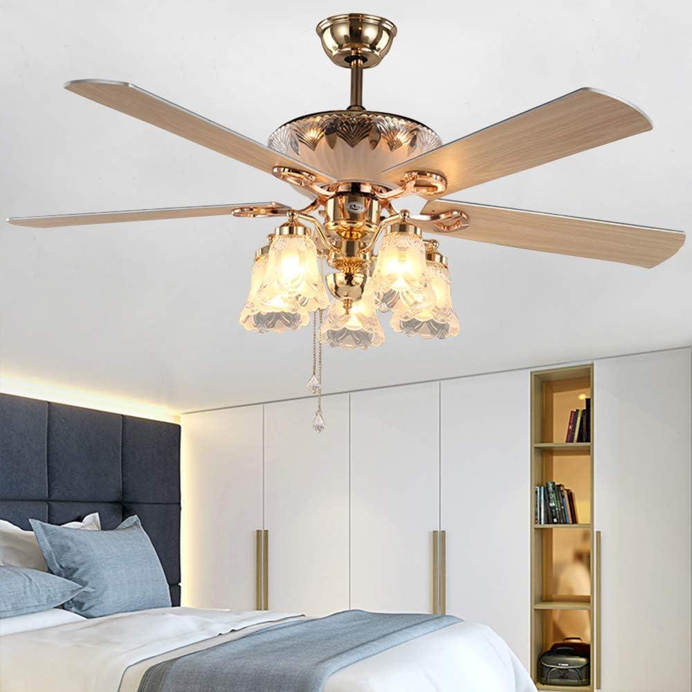 52-Inch Golden Modern Ceiling Fan with 5 Reversible Blades, Frosted Light Kit, Remote Control, Quiet & Eco-Friendly Chandelier Fan Light