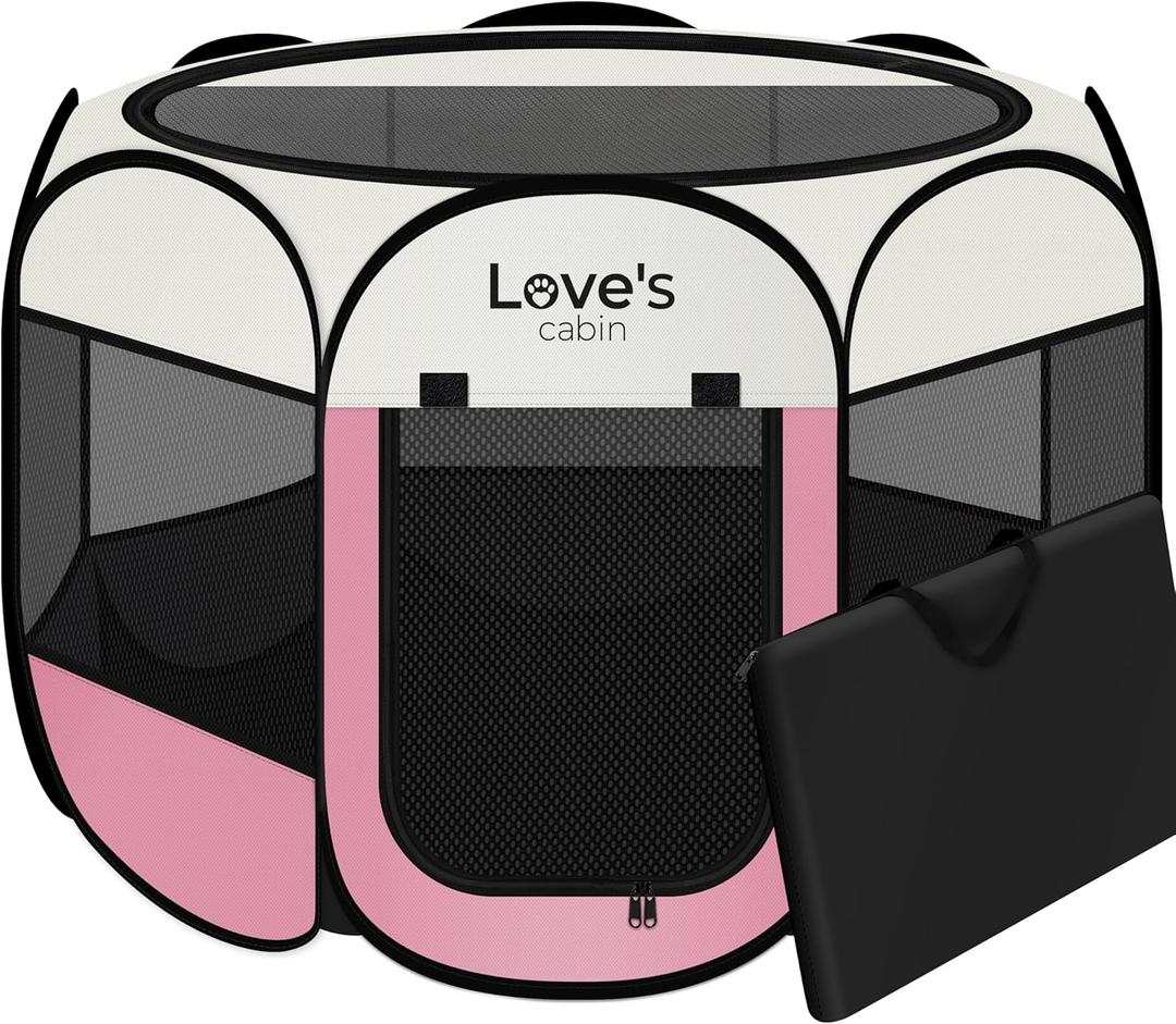Love's cabin Pet Puppy Dog Playpen, Large Dog Tent Crates Cage Indoor/Outdoor, Portable Playpen for Cat, Foldable Pop Up Dog Kennel Playpen with Carring Case, Removable Zipper Top, Pink