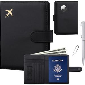 GOAUS Passport Holder for Travel with AirTag Slot Cards Cash Pocket, PU Leather Travle Wallet Gifts for Women Men RFID Blocking Book Case Black, AirTag Not Included