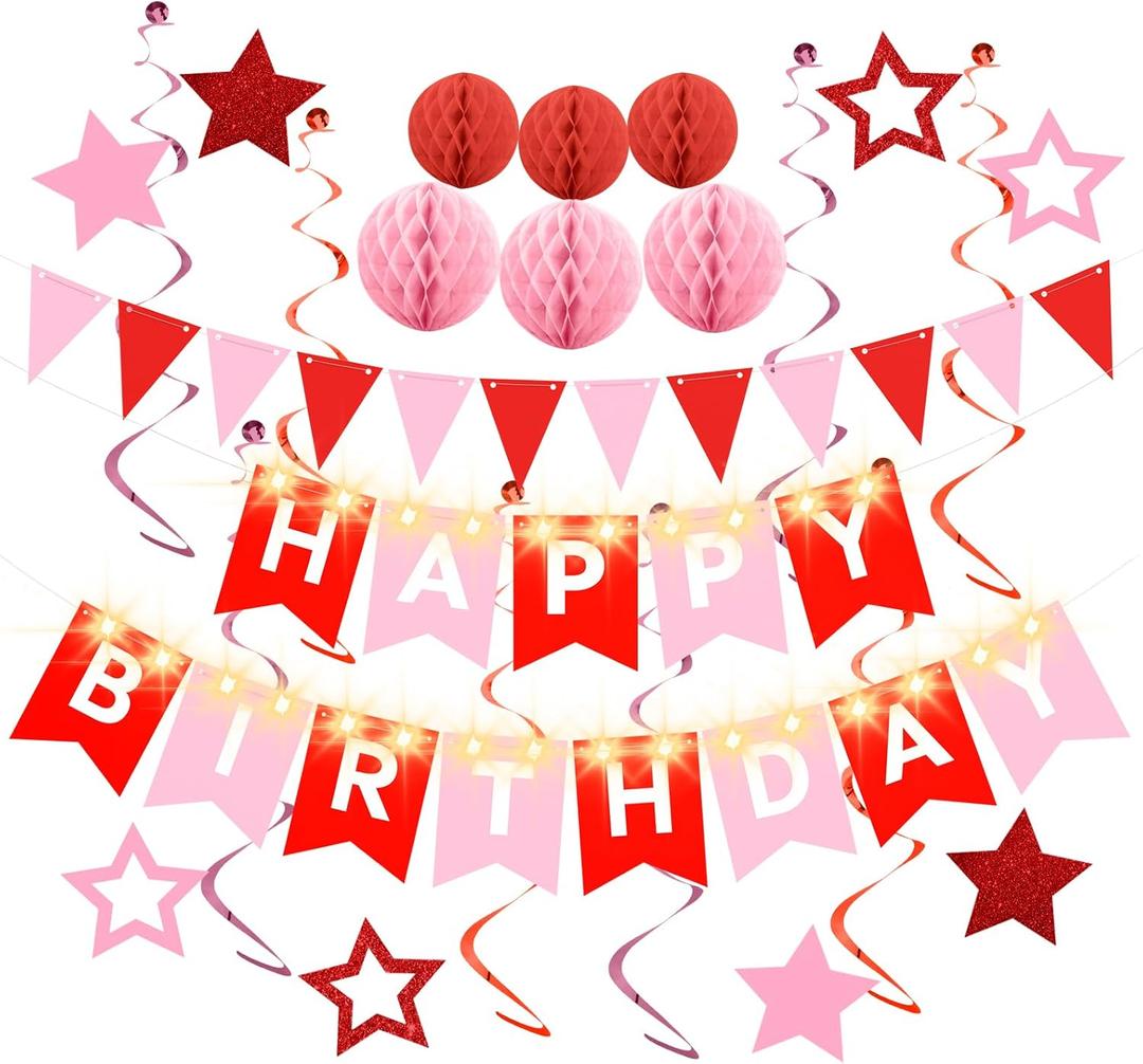 Birthday Decorations,Red Happy Birthday Banner with Fairy lights,Pennant Banner,Honeycomb Balls and Star Hanging Swirls Streamer Happy Birthday Party Decorations for Women Men Boys Girls