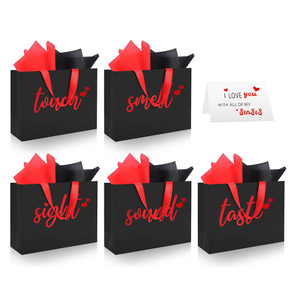 Epoesch 4 Senses Gift Bags for Him With Labels Includes Tissue Paper & Greeting Card, Unique Birthday, Valentine‘S Day, Anniversary, Wedding Gifts for Boyfriend, Bf or Husband (Black with red lettering)