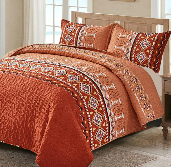 WONGS BEDDING 3 Pieces Quilt Set Queen Size, Burnt Orange/Rust Quilt Bedspread Lightweight Bohemian Coverlet Set with 2 Pillowcase, Soft Pumpkin Geometry Printed Bedding Set for All Season 96"×90"