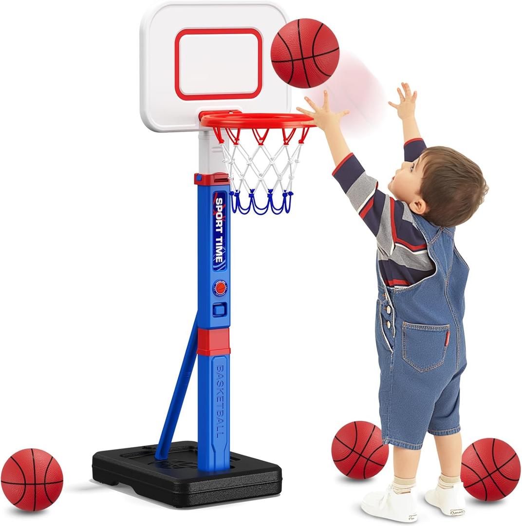 HYES Toddler Basketball Hoop, 55" Height Adjustable Basketball Hoop for Kids 3-5, Kids Basketball Goal, Indoor Outdoor Sport Toys Christmas Birthday Gifts for Baby Boys Girls (blue - without Scoreboard & LED)