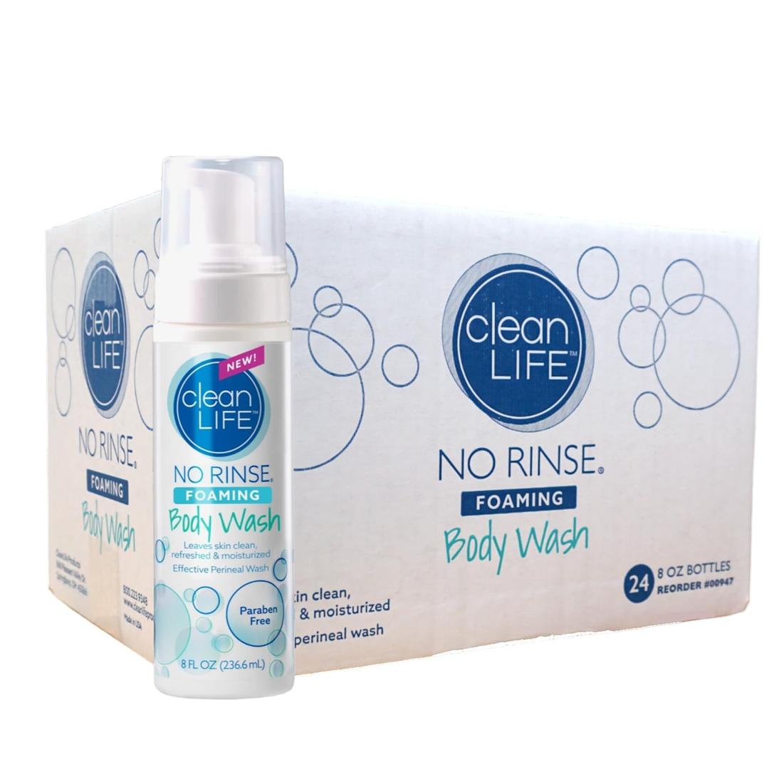 No-Rinse Foaming Body Wash, 8 fl oz (Pack of 24): Waterless, Rinse Free Foam Cleanser Leaves Skin Clean and Moisturized - Effective Perineal Wash Providing Cleansing Foam for Elderly, Adults, Camping