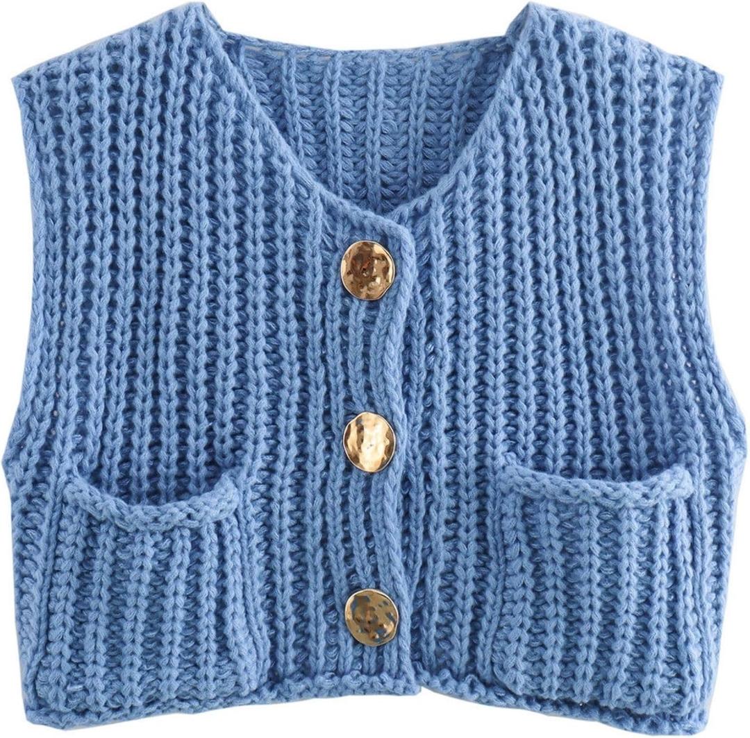 Chevara Womens Chunky Cropped Sweater Vest Cute Sleeveless Crewneck Button Down Crop Knit Cardigan with Pocket (Large, Blue)