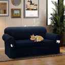 Sofa Slipcover with Armrest Pockets 3-Piece Set, Stretch Faux Leather Couch Cover for 2-Cushion Couches(Fits 72-92") - Non-Slip, Machine Washable, Pet & Kid Friendly - Navy