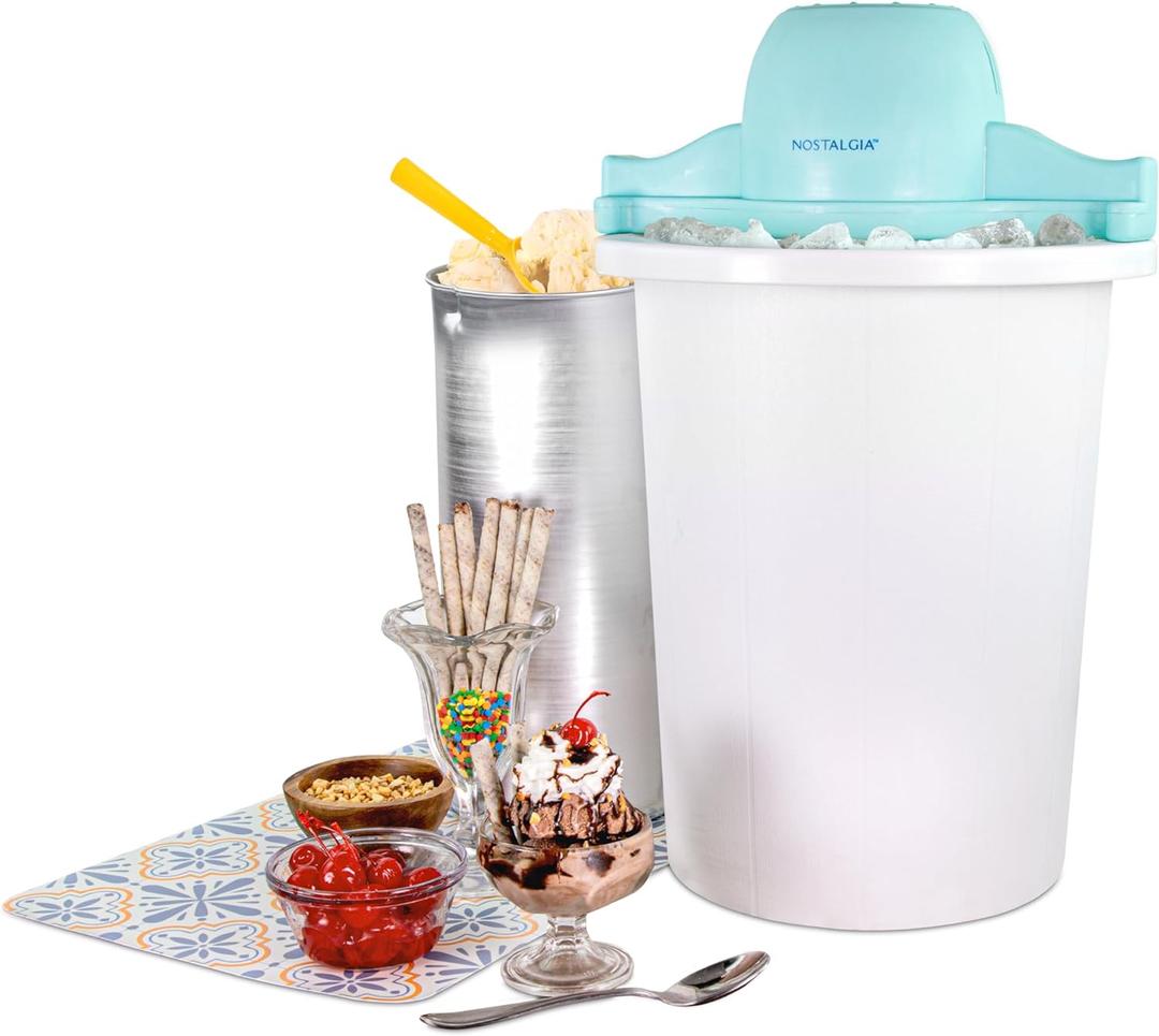 Nostalgia Electric Ice Cream Maker  Parlor Style, Old Fashioned Soft Serve Ice Cream Machine Makes Frozen Yogurt or Gelato in Minutes - Fun Kitchen Appliance  Blue & White - 6 Quart