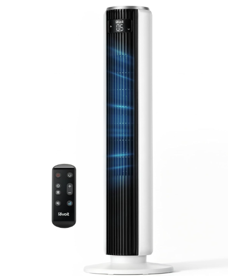 Levoit Tower Fan for Bedroom, 28ft/s Fans that Blow Cold Air, 28dB Quiet | Standing Floor Fan for Room, 90° Oscillating, 5 Speeds 4 Modes & Temp Sensor, Bladeless, 12H Timer, Remoter, 36 inch, White
