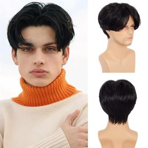 Swiking Men Wigs Short Black Straight Middle Part Synthetic Hair for Male Guy Halloween Cosplay Party Wigs with Cap (Black)