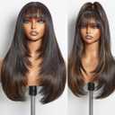 GORGIUS Highlight Straight Layered Wigs with Bangs Glueless Black Mixed Brown Wig 22 Inch Put On Go Wigs Crafted with Style-Archive Premium Fiber Natural Hairline (Highlight Black Mixed Brown)
