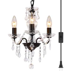 Plug in Modern 3-Light Black Chandelier with Glass Crystals, Candle Style Pendant Light Fixtures for Living Room, Girls Room, Kitchen Island, Entryway