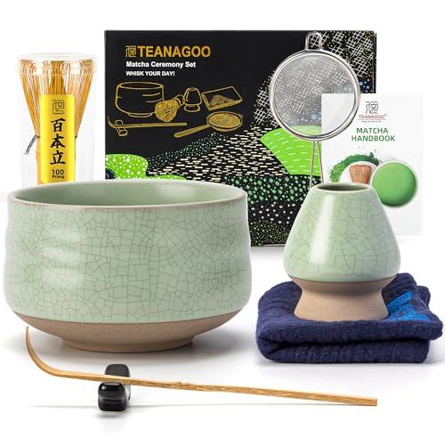 TEANAGOO Matcha Whisk Set Green, 7 Pcs Matcha Set, Matcha Kit for Ceremony, Matcha Tea Set for Making Breakfast/Latte,Whisk Set and Ceramic Bowl with All Accessories, Gift for Family/Friend