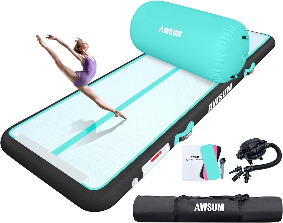 AWSUM 10ft /13ft Gymnastics Mat with Air Roller Tumbling Barrel Back Somersault Backbend Trainer for Inflatable Gymnastics Springboard Back Handspring Equipment, with Electric Pump (10ft*3.3ft*4in&(L)40in*(Diam)23.6", Mint Green/Black+Green Roller)